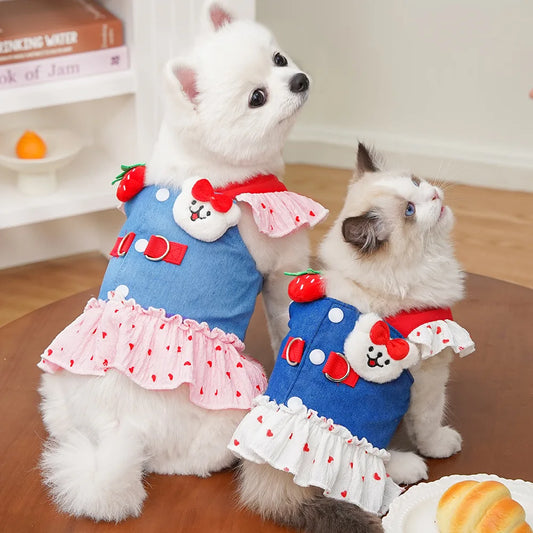 Cute Strawberry Heart Puppy Dress with Leash Beautiful Cat Dog Skirt Vest Sweet Pet Suspenders Doggies Dresses Harness in Summer