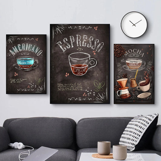 Retro Espresso Cappuccino Latte Poster Minimalist Italian Coffee Wall Pictures Prints Canvas Painting Kitchen Room Home Decor