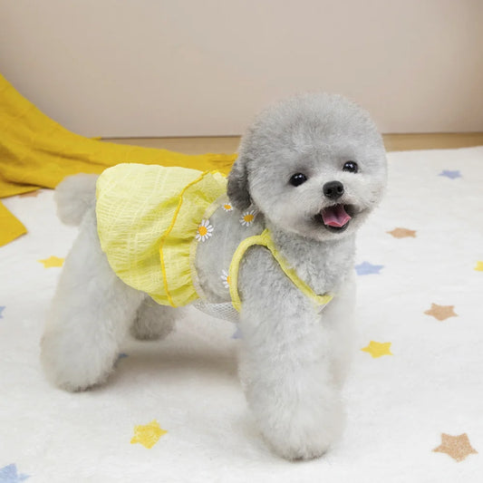1PC Pet Apparel Dog Spring/Summer Breathable Yellow Pink Dress Princess Dress with Flower Lace Short Skirt For Small Medium Dogs