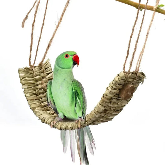 Natural Wood Parrot Chew Toys Handmade Straw Bird Chewing Hanging Bell Swing Cage Climb Toy Foraging Activity Macaw Cockatoo