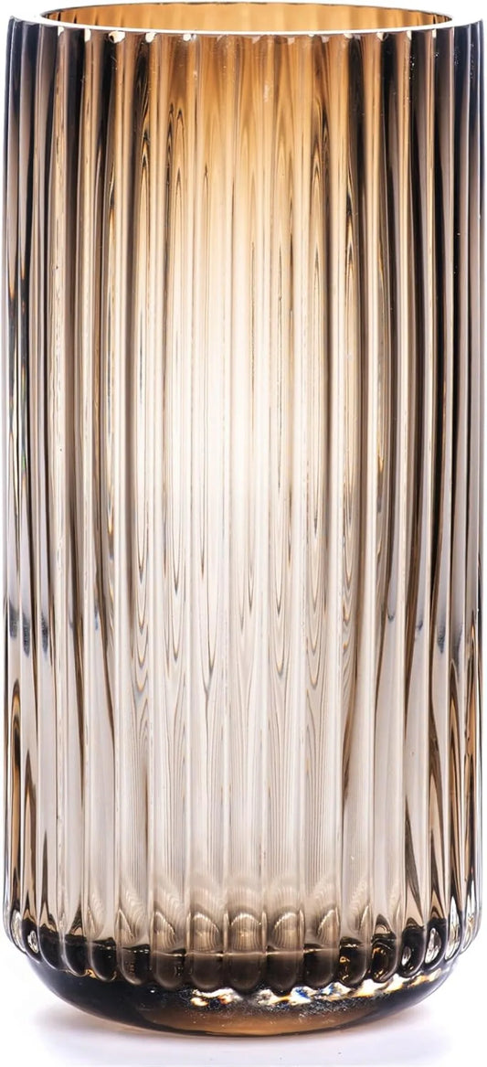 7.5" Amber Thick Hand-Blown Glass Vase, vintage striped. Perfect for bookshelf, dining, office, meeting room, bathroom, home.