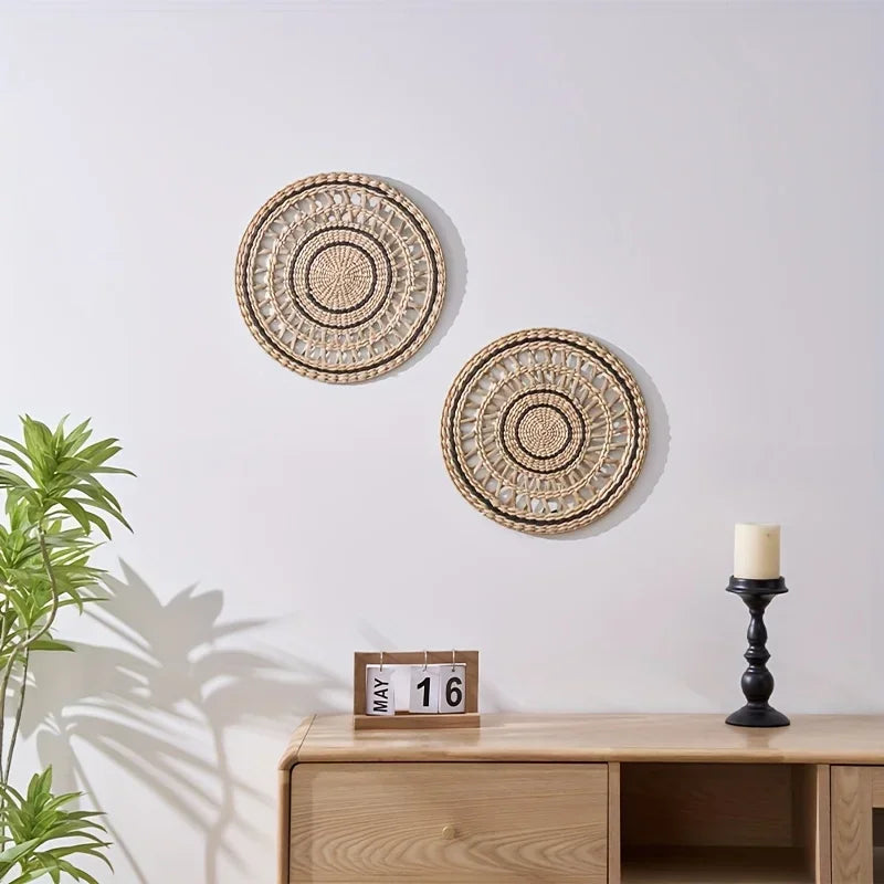 Boho Woven Hanging Plate Wall Décor Round Handcrafted Rattan Wicker Wall Decorative Basket Home Living Room Decoration