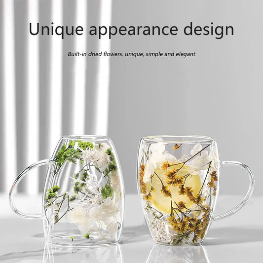 350ml Double Wall Coffee Mug With Handles Clear Milk Cups Gifts Artificial Flower Glass Cup for Milk Tea Juice Hot Cold Beverage