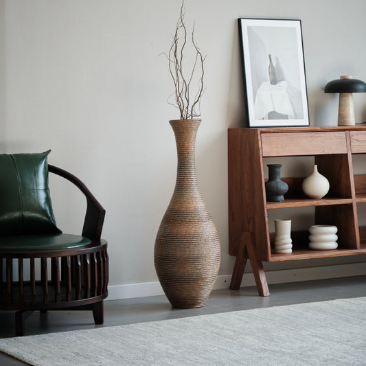 39-inch Tall Artificial Rattan Floor Vase in Elegant Beige - Statement Piece for Living Room Decor, Entryway, or Hallway - Versa