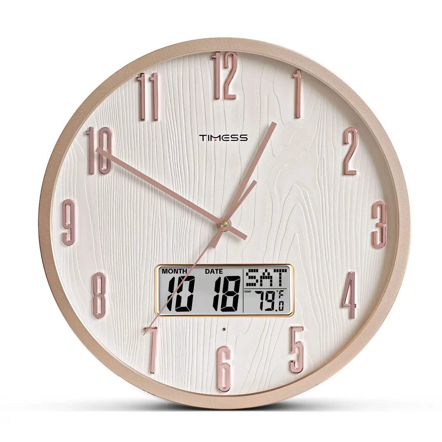 TIMESS Luminous Voice-activated Wall Clock, 14-inch Night Light Analog, Silent Battery Powered, Perpetual Calendar, Decorative