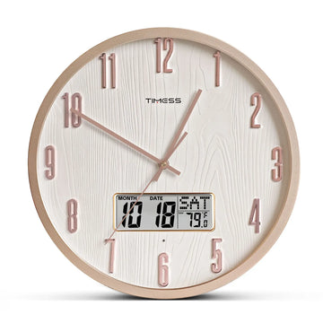 TIMESS Luminous Voice-activated Wall Clock, 14-inch Night Light Analog, Silent Battery Powered, Perpetual Calendar, Decorative