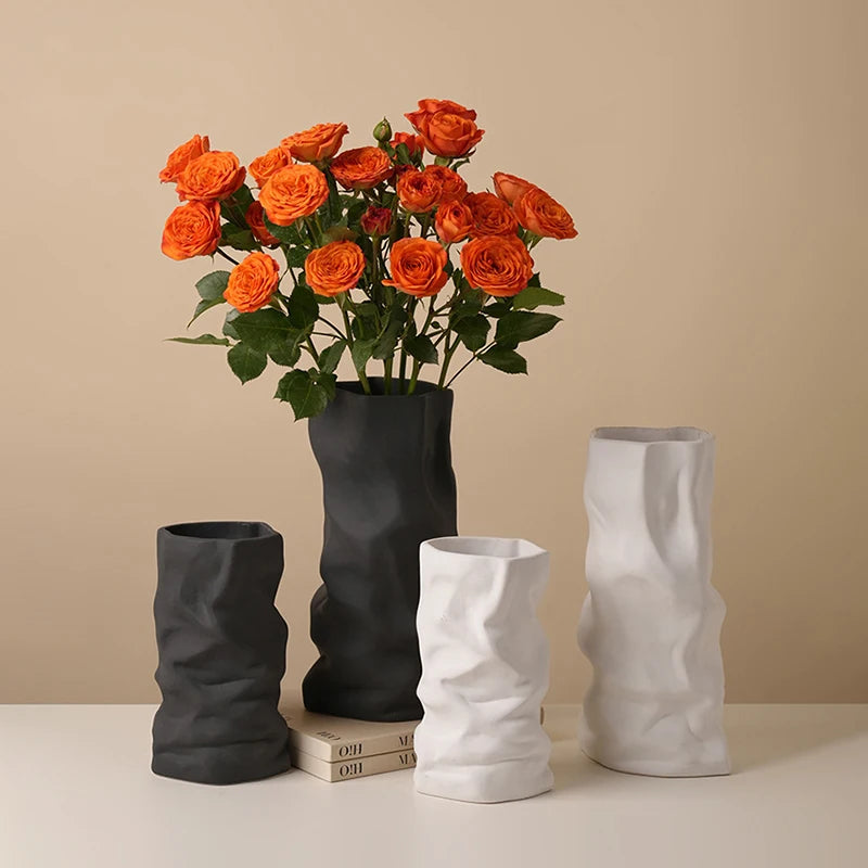 Wrinkled Vase Ceramics Simple Flower Arrangement Advanced Feeling Black White Home Living Room Desktop Decoration Gift