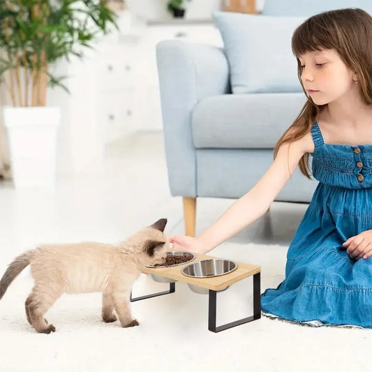 Elevated Cat Bowl Double Stainless Steel Pet Bowl Anti Overturning Cat Bowl Cats Water and Food Feeder Wooden Non Slip Iron Rack