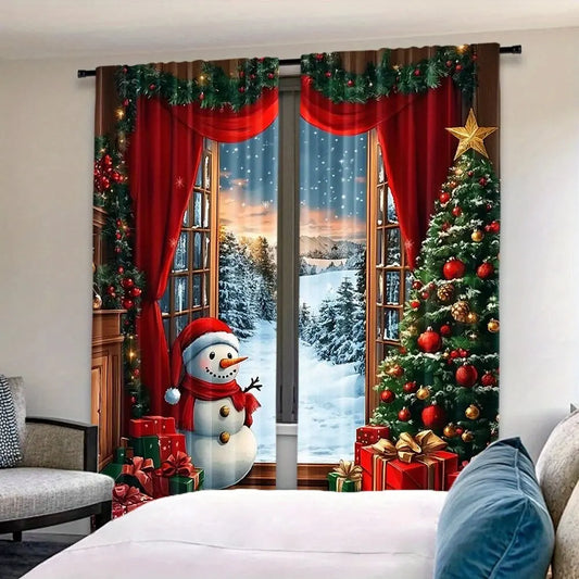 2pcs The scene of Santa Claus and the snowman, simple wood printed curtains - home decor, room decor