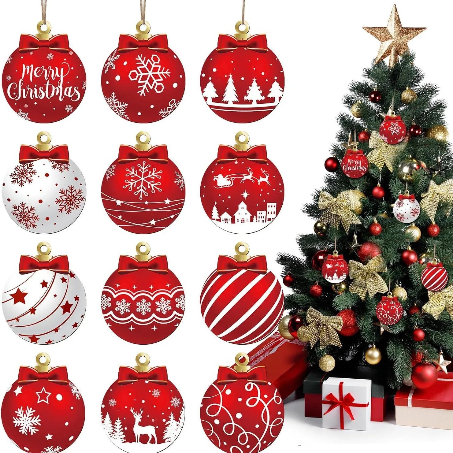 12Pcs Wooden Christmas Tree Ball Ornament Hanging Decor Xmas Ball Pendant DIY Christmas Tree Decor for 2026 Home New Year Gifts