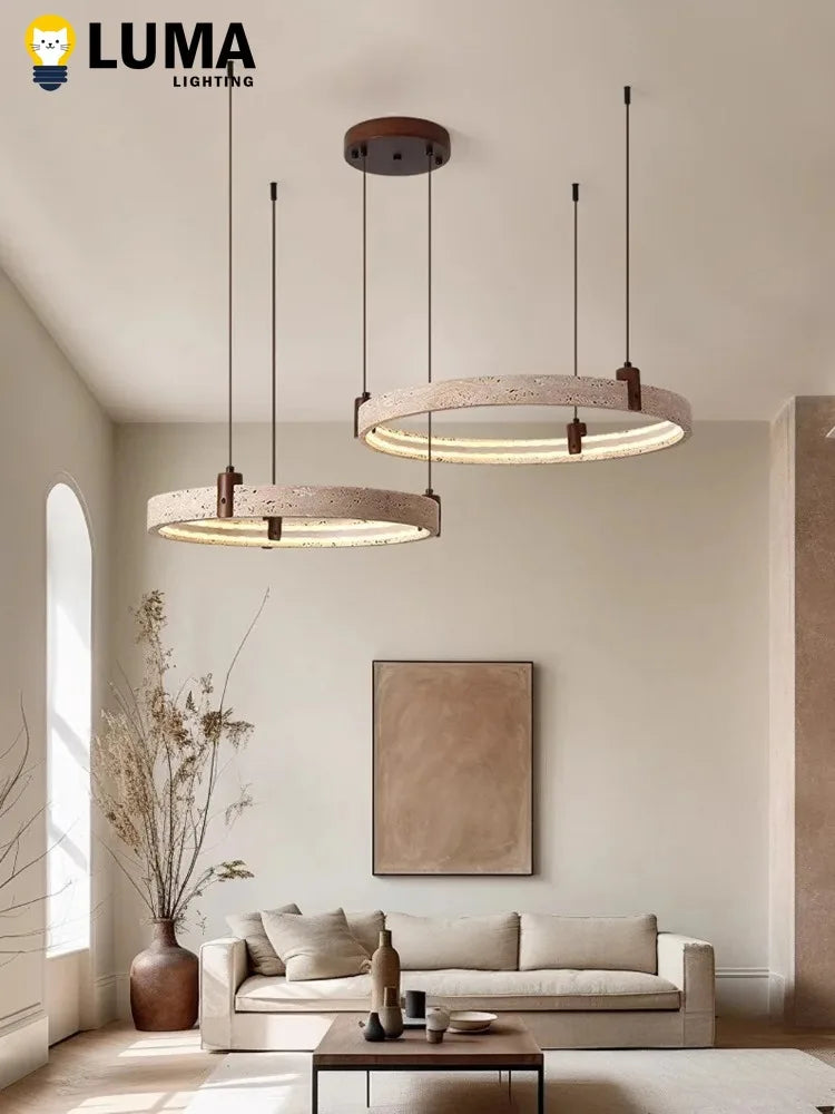 Wabi-Sabi Japanese Style Yellow Travertine Ring Chandeliers, Natural Cave Stone Circle Pendant Light Livingroom Home Decor