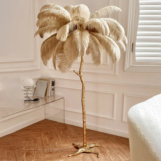 Modern Ostrich Feather Led Floor Lamp Copper Resin Living Room Home Decor Indoor Lighting Bedroom Bedside Standing Table Light