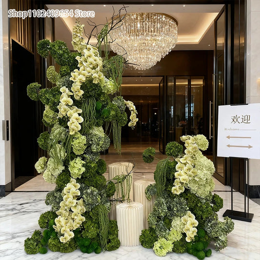 Luxury Green Orchid Hydrangea KT Board Flower Row Wedding Backdrop Decor Floral Arrangement Event Props Stage Aisle Floor Flower