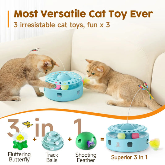 3in1 Automatic Interactive Kitten Toy, Fluttering Butterfly, Moving Ambush Feather, Track Balls,Dual Power Supplies, USB Powered