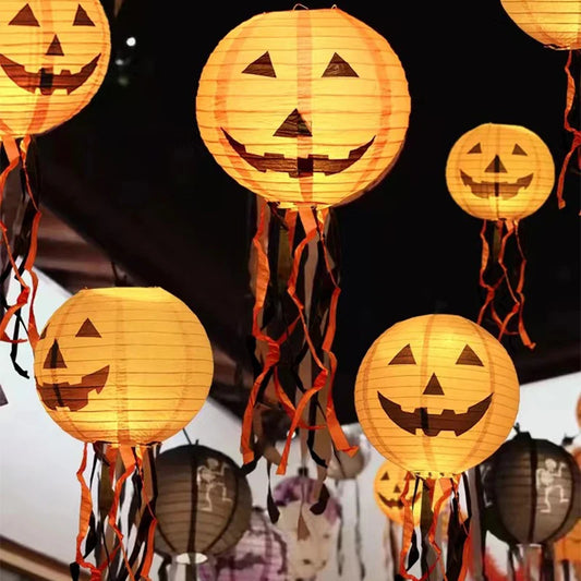 1/6PCS Halloween Paper Lanterns with LED Lights Pumpkin Ghost Decor for Home Bar Kindergarten Mall Party