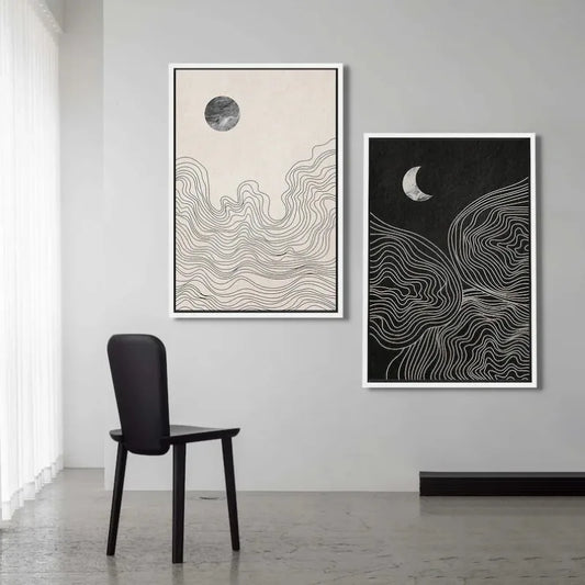 Abstract Neutral Boho Sun Moon Line Art Canvas Painting Print, Black and White Picture Artwork, Modern Minimalist Room Decor