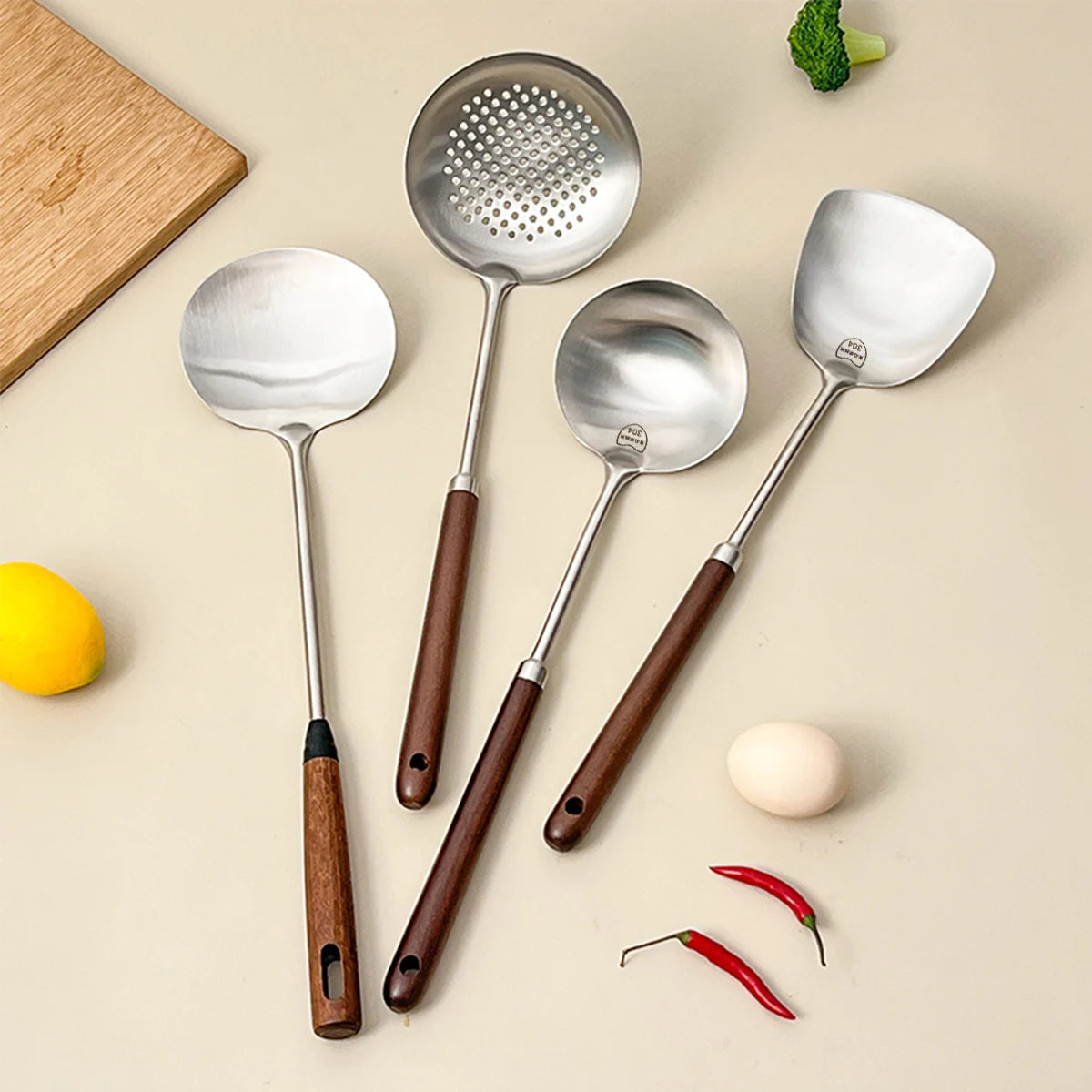 WORTHBUY Kitchen Utensils 304 Stainless Steel Wooden Handle Turner Soup Spoon Heat Resistant Non Stick Spatula Cooking Tools