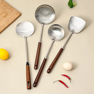 WORTHBUY Kitchen Utensils 304 Stainless Steel Wooden Handle Turner Soup Spoon Heat Resistant Non Stick Spatula Cooking Tools