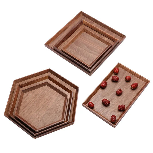 HEMU Natural Black Walnut Solid Wood Rectangular Hexagon Wooden Japanese Tableware Household Fruit Tray Wooden Tea Tray Hot