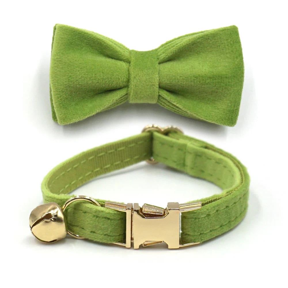 Matcha Green Thicken Velvet Pet Collar for Cats Personalized Name Cat Collar with Metal Bukcles Adjustable Cute Bow Puppy Collar