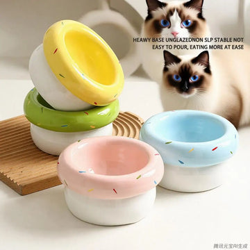 Donut Ceramic Pet Bowl Wide Mouth Cat/Dog Dish Non-Slip Heavy Base Anti-Tip Food & Water Bowl Cute Design