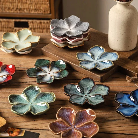 Vintage Ceramic Craft Dish Flower Shaped Small Dish Creative Dipping Sauce Multi-color Kiln Transformed Plate Gift