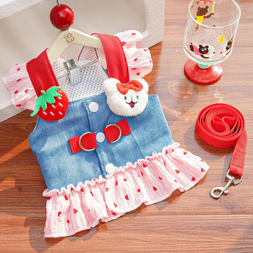 Cute Puppy Clothes Cute Dog Dresses Pet Clothing Cat Dress Pet Denim Harness with Leash Summer Sweet Strawberry Small Dogs Skirt