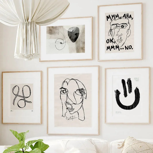 Wall Art Canvas Painting Black Ink Abstract Smile Face Line Drew Nordic Posters Living Room Decoration Salon Print Wall Pictures