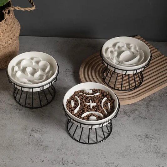 New ceramic high-legged cat bowl with large diameter, anti-choking, slow feeding, anti-knockover, neck-protecting dog bowl, pet