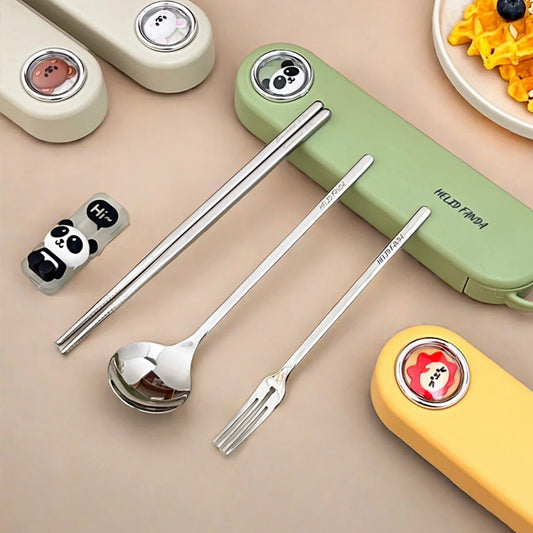WORTHBUY 316 Stainless Steel Fork Spoon Chopsticks Cutlery Set Kids Students Portable Cute Dinnerware Set With Chopsticks Rest ﻿