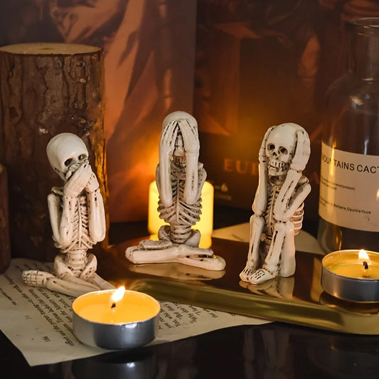 3pcs Resin Skeleton Statue Set - Spooky Home & Wall Decor,Perfect for Halloween with 'Don't Listen,Don't Look, Don't Talk' Motif