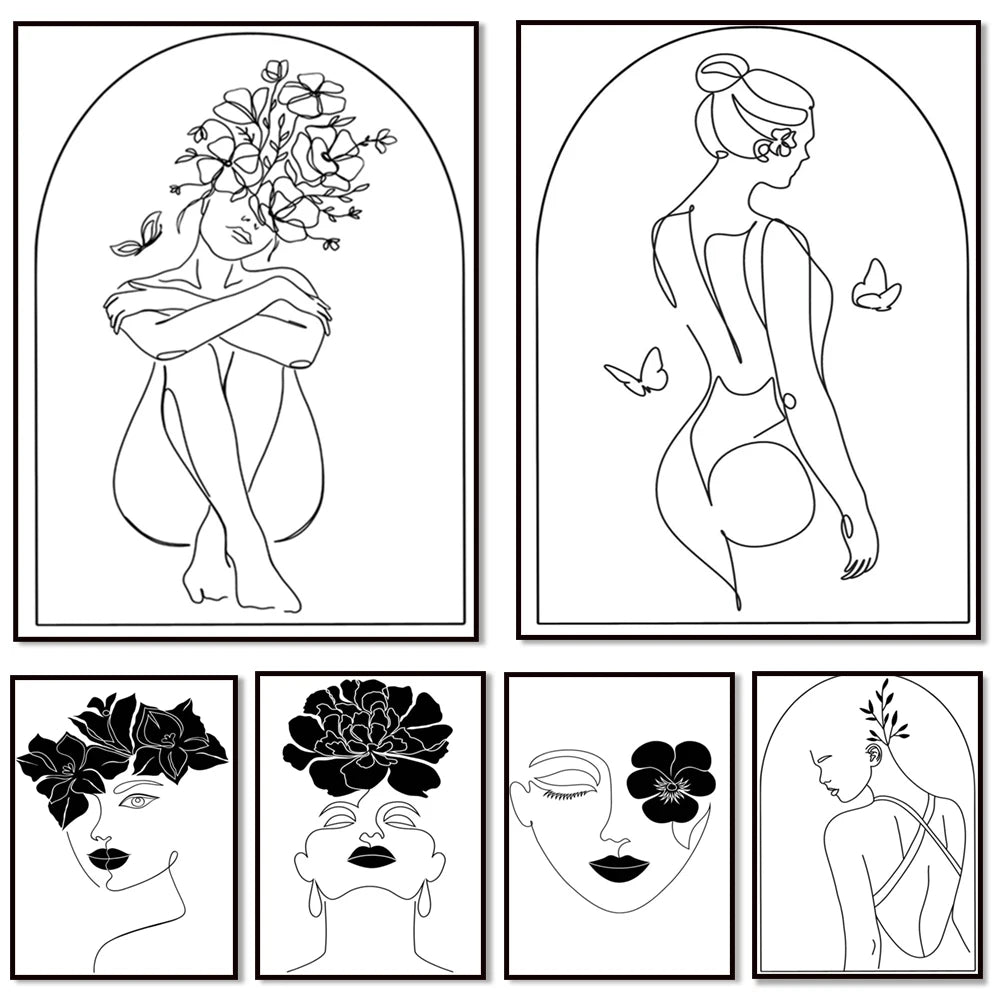 Feminine line art, body line black and white boho wall art feminism gift, female body aesthetics wall art decor poster,