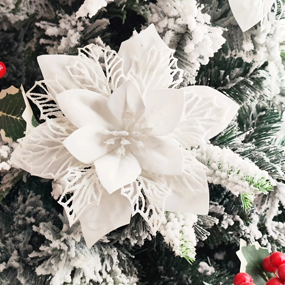 Artificial Three-Layer Hollow Christmas Flowers with Golden Powder, Christmas Decorations, Holiday Accessories, Christmas Trees