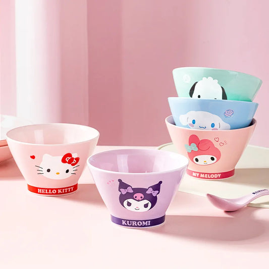 Kawaii Sanrio Hello Kitty Cinnamoroll Ceramic Bowl Creative Tableware Kuromi My Melody Rice Bowl Kitchen Supplies