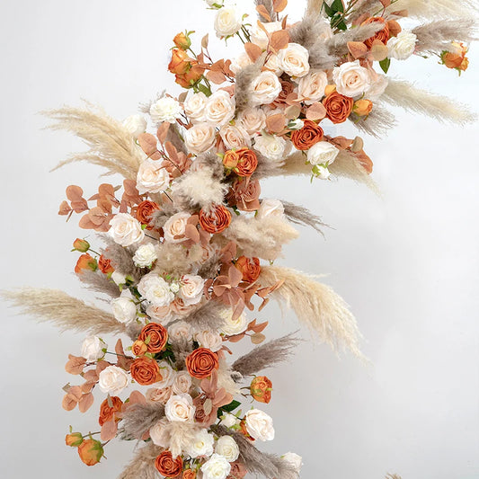 Natural Dried Reed Pampas Grass Flower Arrangement Orange Rose Peony Hang Flower Row Wedding Arch Deco Party Floor Floral Layout