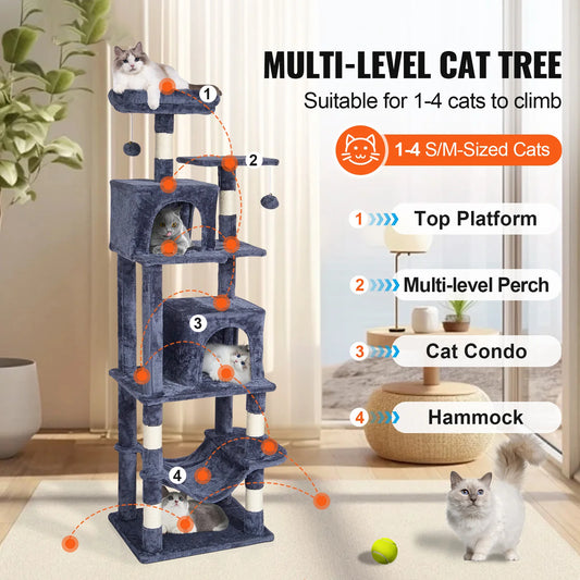 SucceBuy Cat Tree for Indoor Cats 63" Cat Tower with 2 Cat Condos Sisal Scratching Post Large Cat Furniture Activity Center