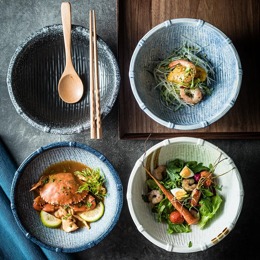 Japanese Style Tableware Set Bamboo Bowl Rib Retro Domestic Restaurant Table Salad Ceramic Rice Bowl