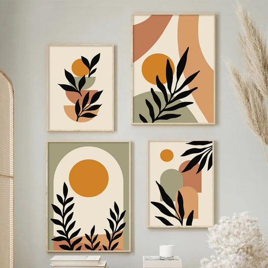 Abstract Nordic Wall Art Boho Style Geometric Lines Sun Greenery Simple   on Canvas Posters and Prints Home Bedroom Decor