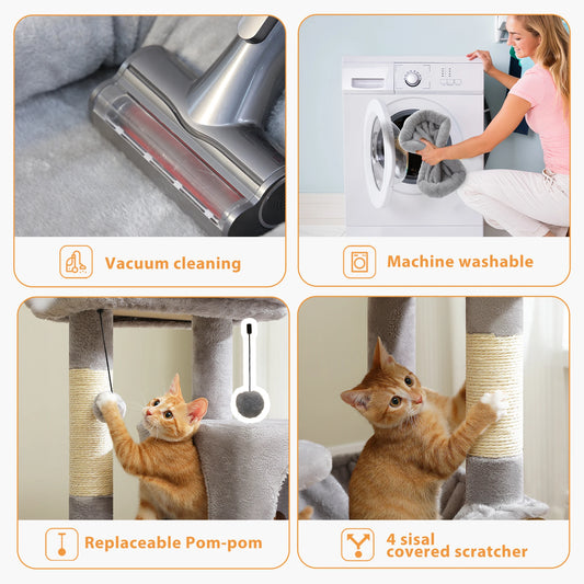 5-Tier Safe and Stable Cat Tree, Durable Metal Large Hammock, Cozy Top Perch, 4 Sisal Scratching Posts, suitable for 2-3 cats