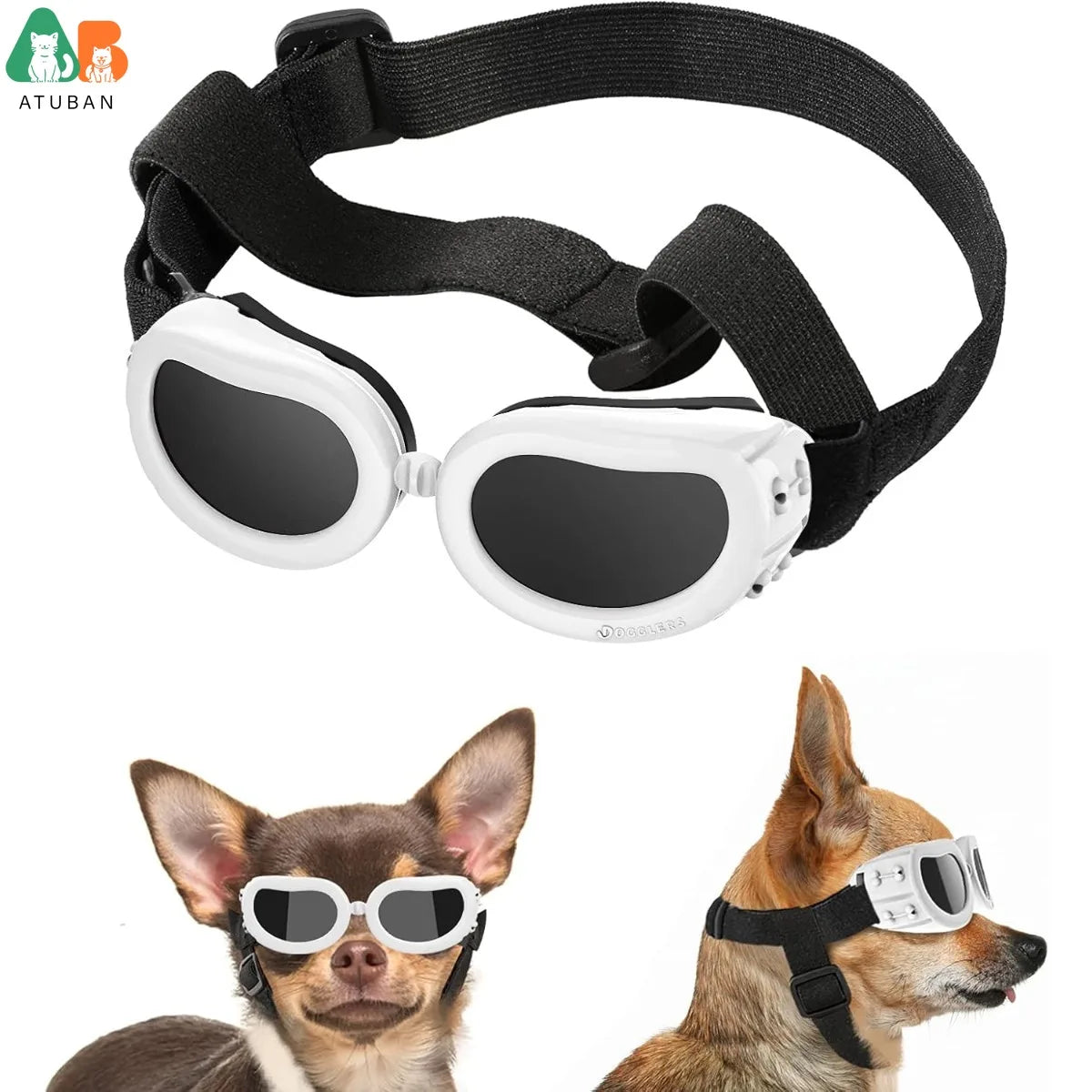 ATUBAN Small Breed Dog Goggles - UV Protection Sunglasses with Adjustable Strap, Windproof, Anti-Fog for Small Dogs, White