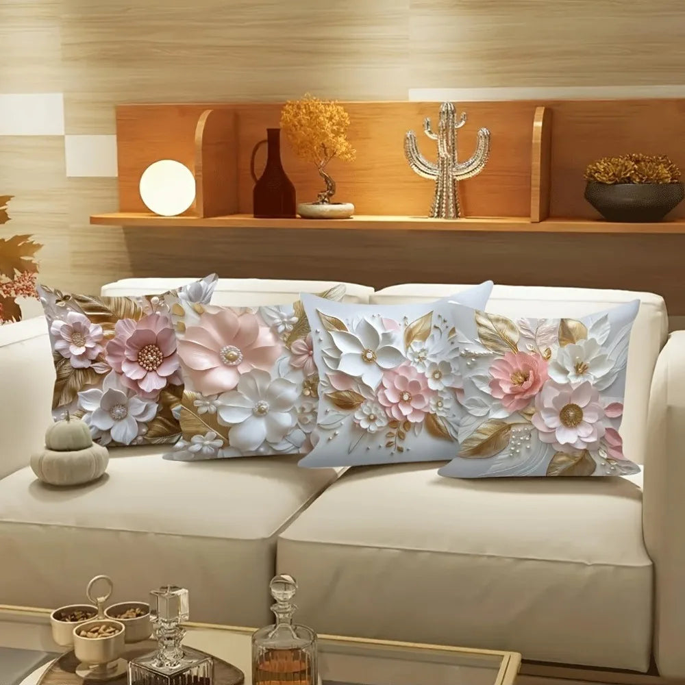Pink White Gold 3D Floral Pattern Home Decor Pillowcase Living Room Sofa Polyester Cushion Cover with Zipper