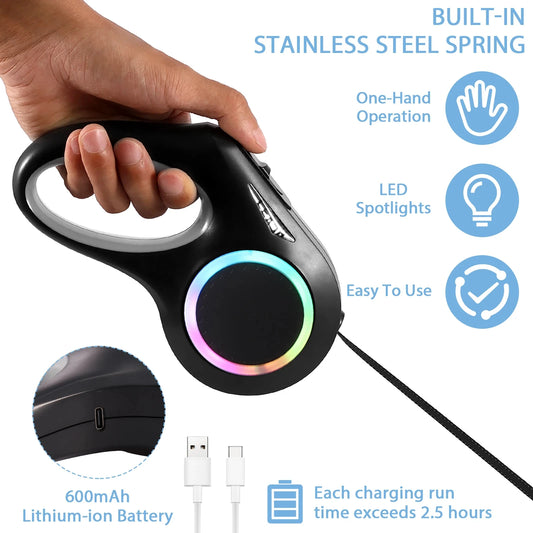 3/8m LED Flashlight Dog Leash Automatic Retractable Pet Luminous Straps Puppy Walking Night Outdoor Walking Non-Slip Handle