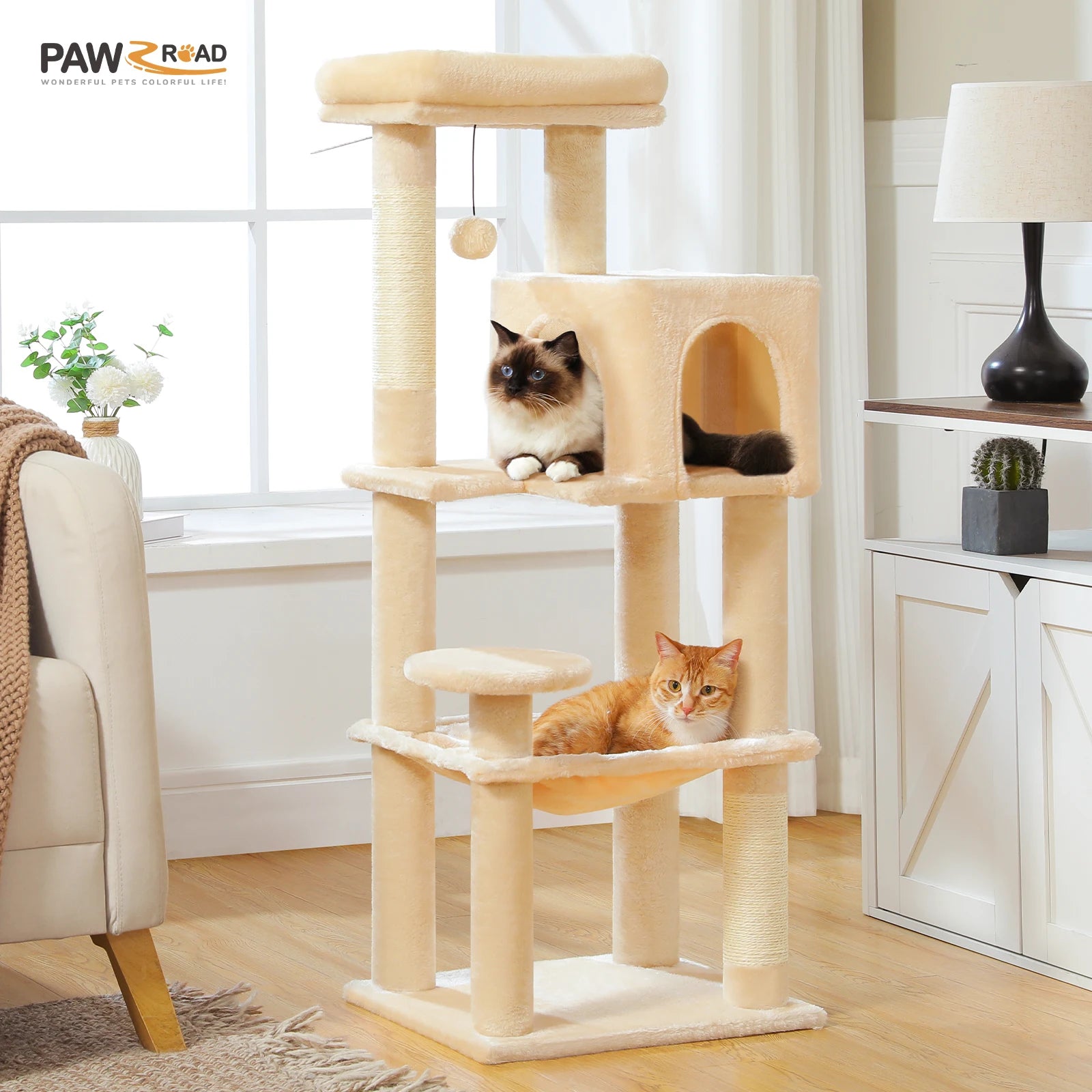 Cat Tree for Indoor Multi-Level Cat Tower with Scratching Posts Cozy Hammock Top Perch Large Cat Condo Cat Toys Cat Accessories