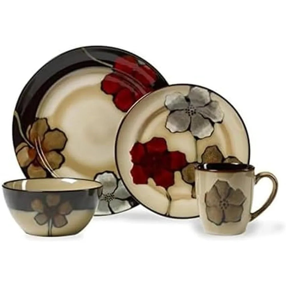 Colorful Floral Stoneware 16-Piece Dinner Set for 4, Including Plates, Bowls, and Mugs, Suitable for Microwave Use