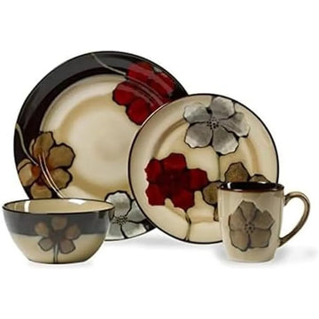 Colorful Floral Stoneware 16-Piece Dinner Set for 4, Including Plates, Bowls, and Mugs, Suitable for Microwave Use