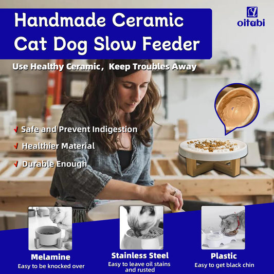 Oitabi Ceramic Slow Feeder Cat Bowl, Elevated Slow Feeder, Kitten Puzzle Feeder for Dog / Cats, Bowls With Stand, Easy to Clean