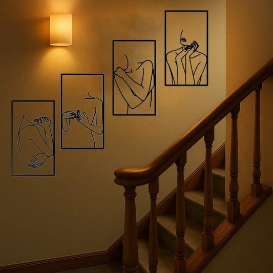 4pcs Black Minimalist Woman Line Art - Abstract Single Line Metal Wall Decor, Waterproof Rustproof Elegant Home Art for Bedroom