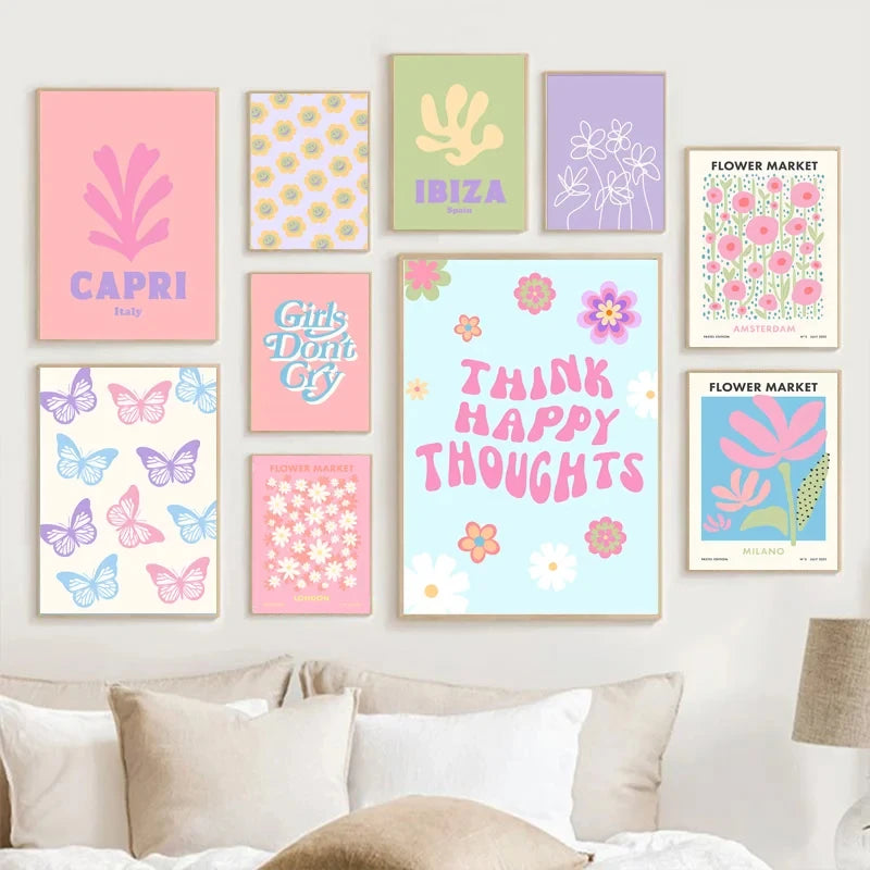 Abstract Danish Pastel Wall Art Poster Prints Purple Checkered Smiley Flower Canvas Painting Picture for Living Room Home Decor