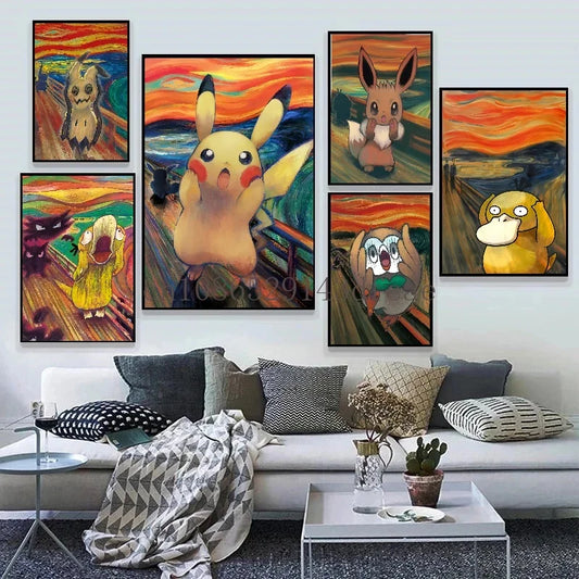 Van Gogh Museum Pokemon Anime Figures Pikachu Watercolor Painting Canvas HD Posters and Abstract Art Murals Picture Home Decor