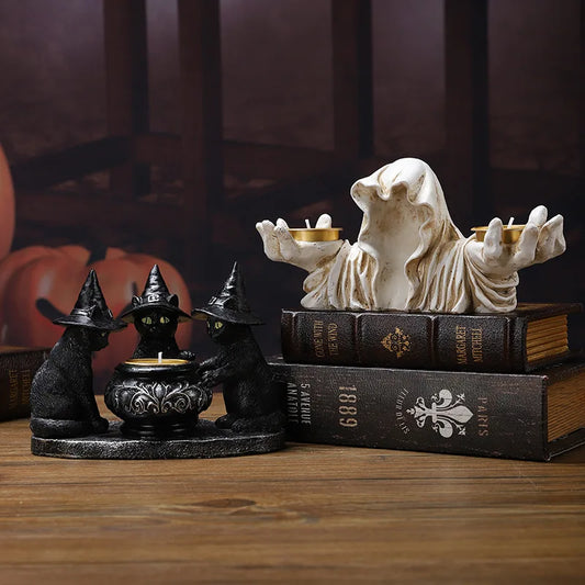 Halloween candle holder ornament, ghost wizard, magic cat, skull, Halloween atmosphere decoration prop